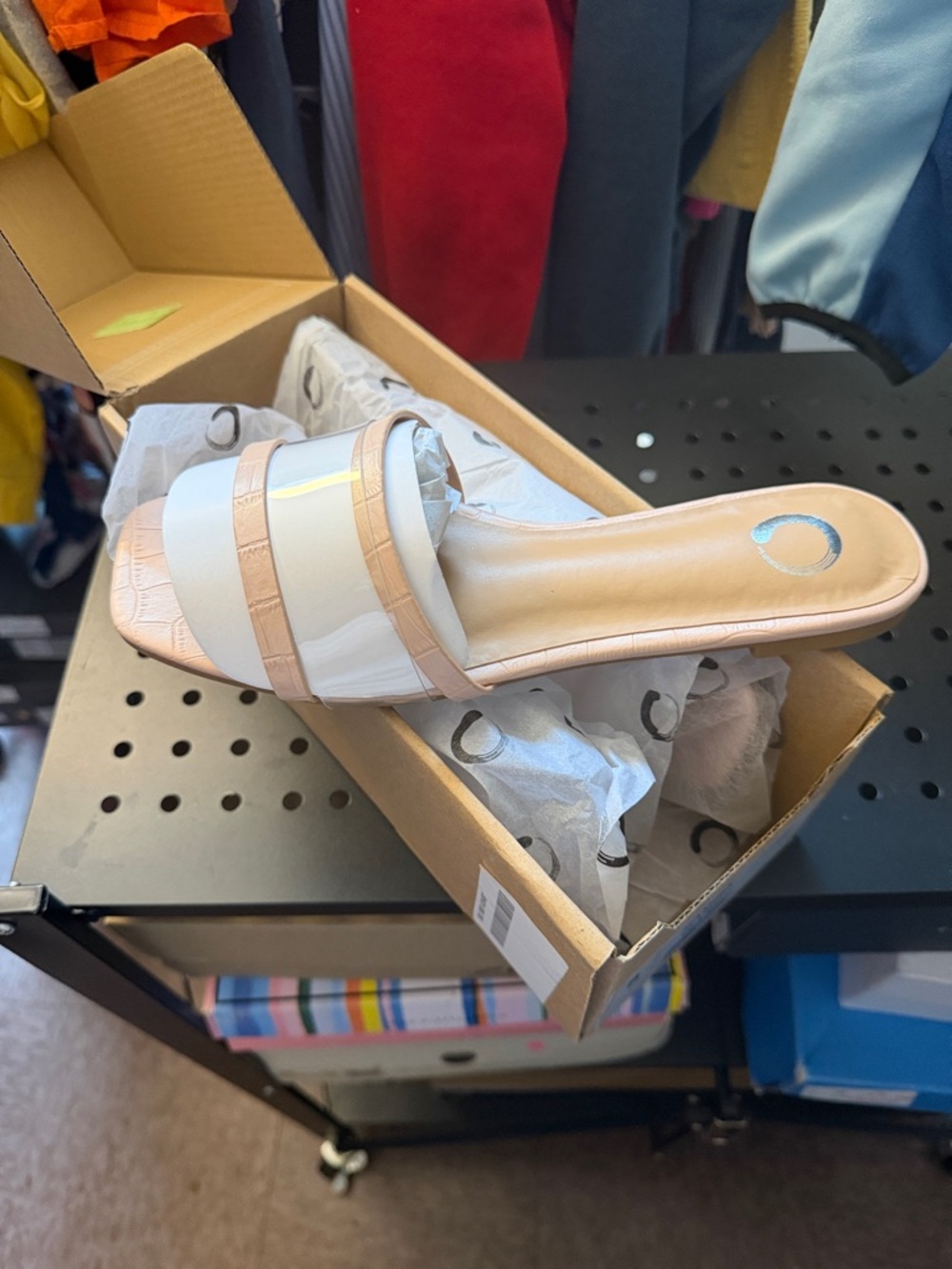 Patent Two-Band Slide Mule in Beige and White